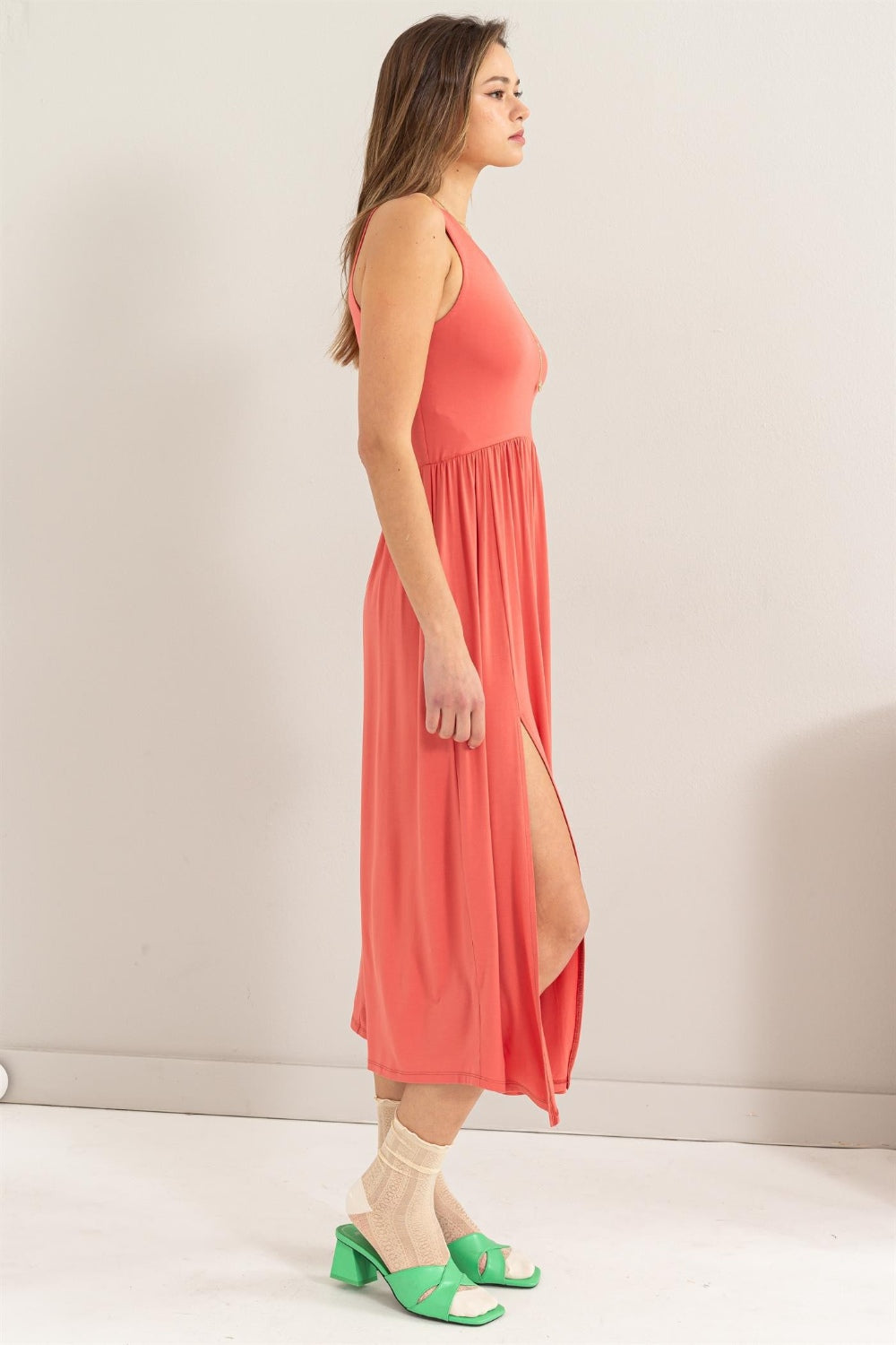 Hyfve Sleeveless Slit Midi Dress-HYFVE-Spiced Coral-S-Urbanheer