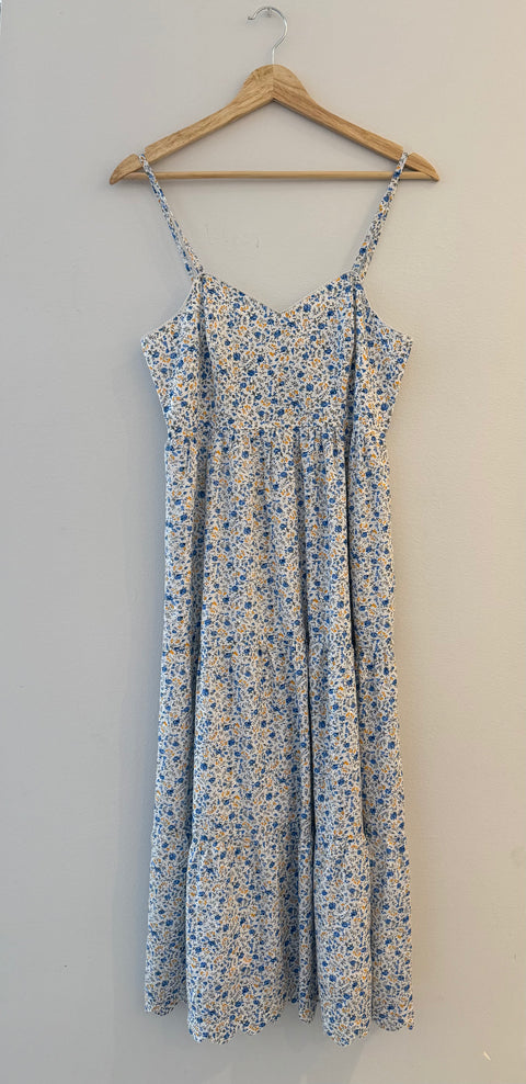 Floral Scallop Sleeveless Midi Dress - Blue/White/Yellow