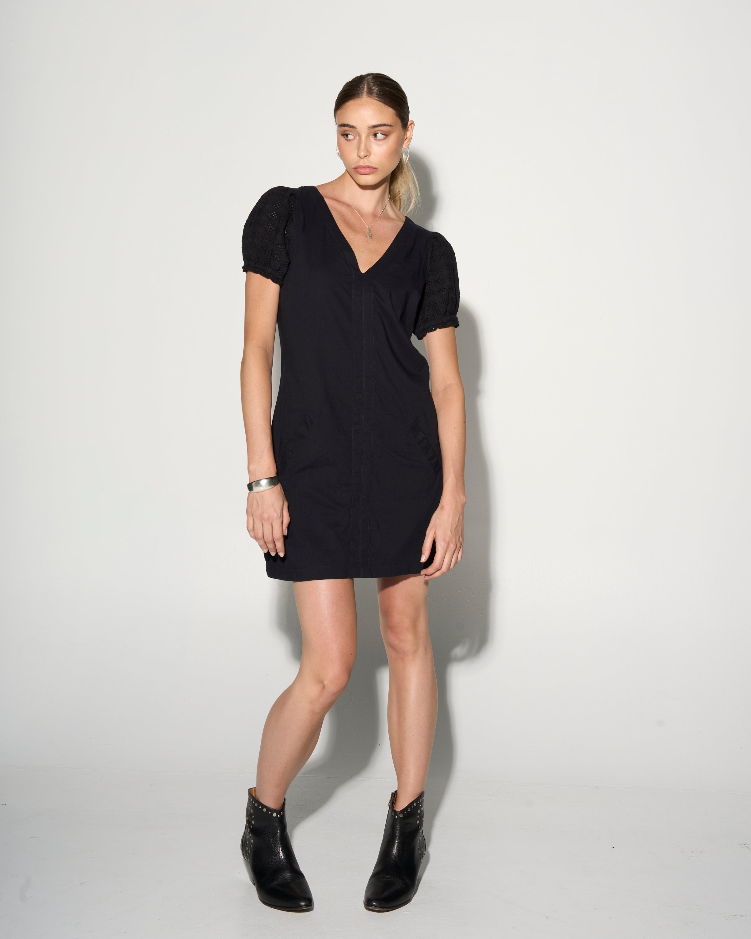 INES Black Shift Dress with Puff Shoulders-Dress-Gild the Label-XS-Urbanheer