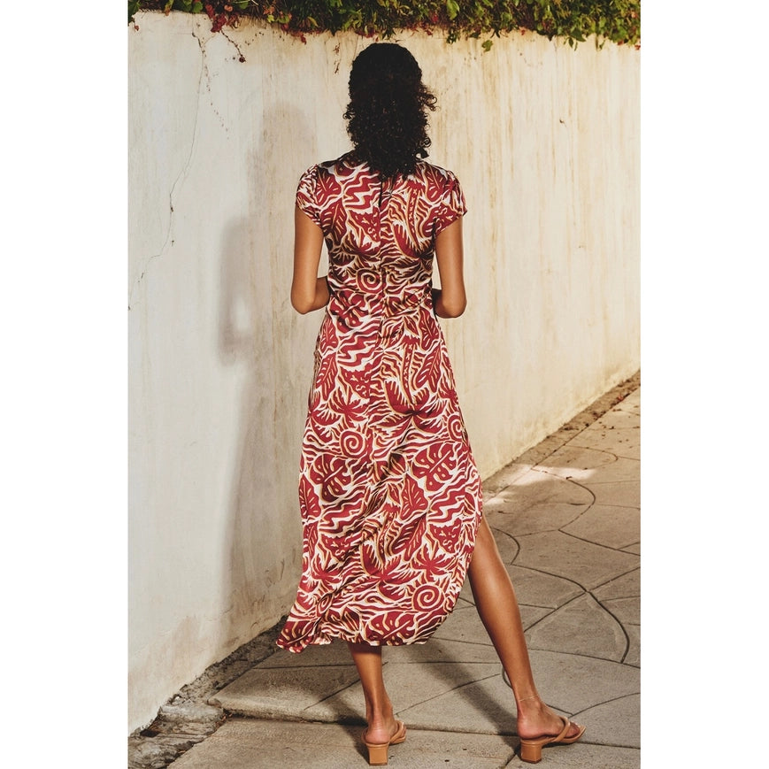 Ibiza Side Button Ruched Midi Dress-Dress-Dress Forum-S-ETRUSCAN RED-Urbanheer