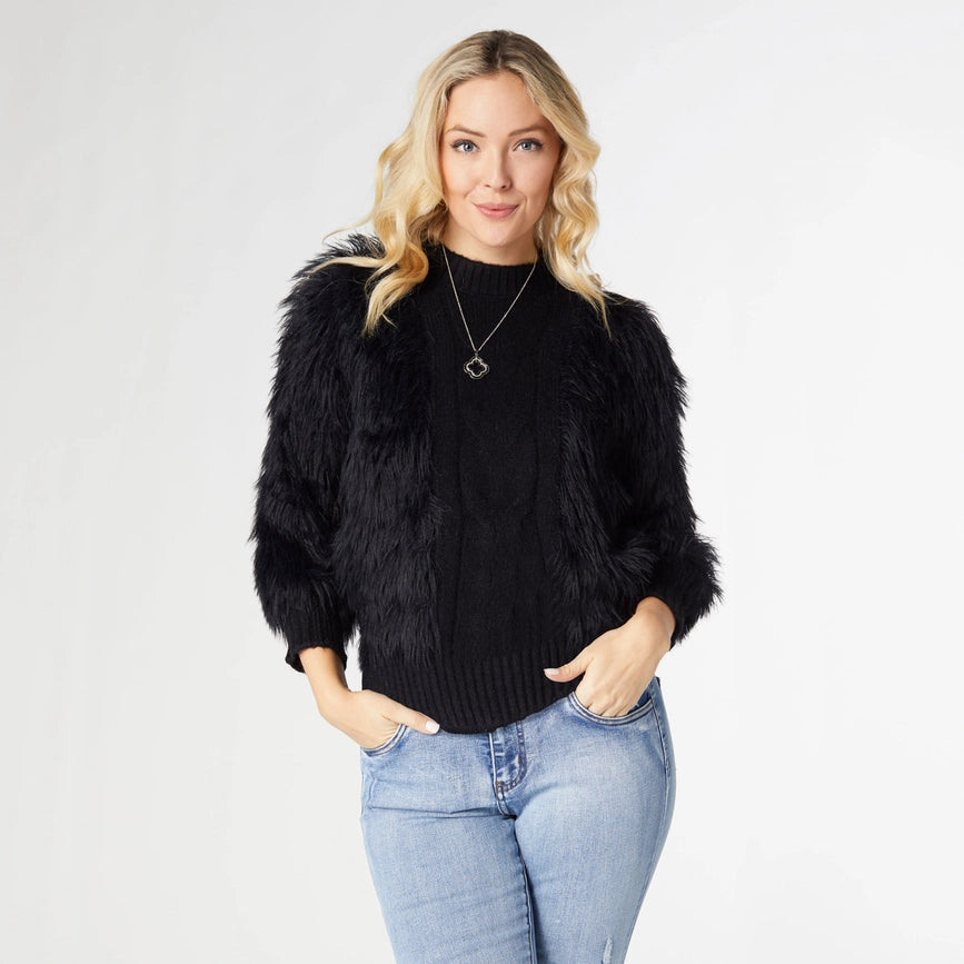 Imani Cable Knit Faux Fur Sweater - Valentine's Day-Sweater-COCO + CARMEN-S/M-Black-Urbanheer