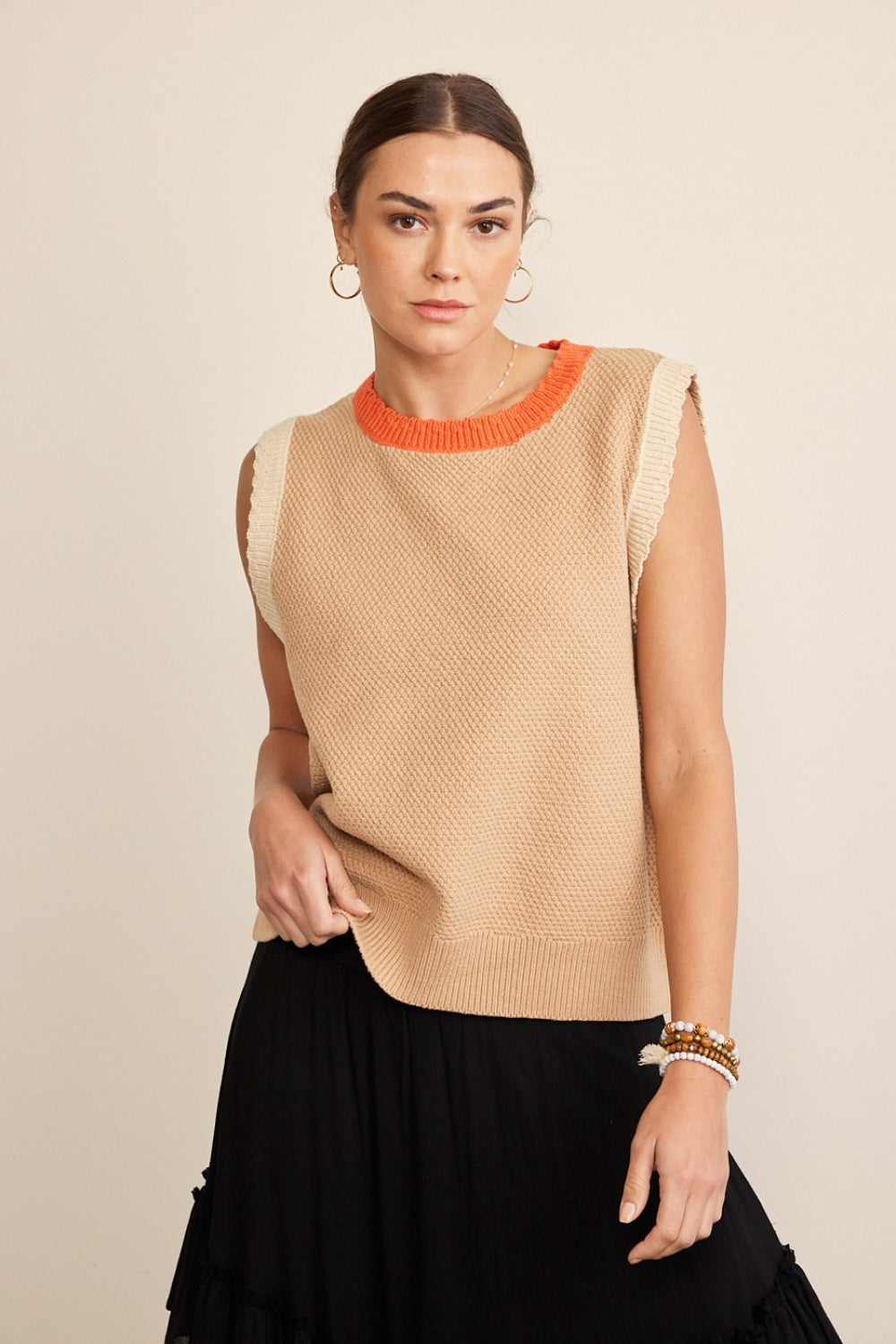 In February Contrast Round Neck Sweater Vest-Street 360-Taupe Multi-S-Urbanheer