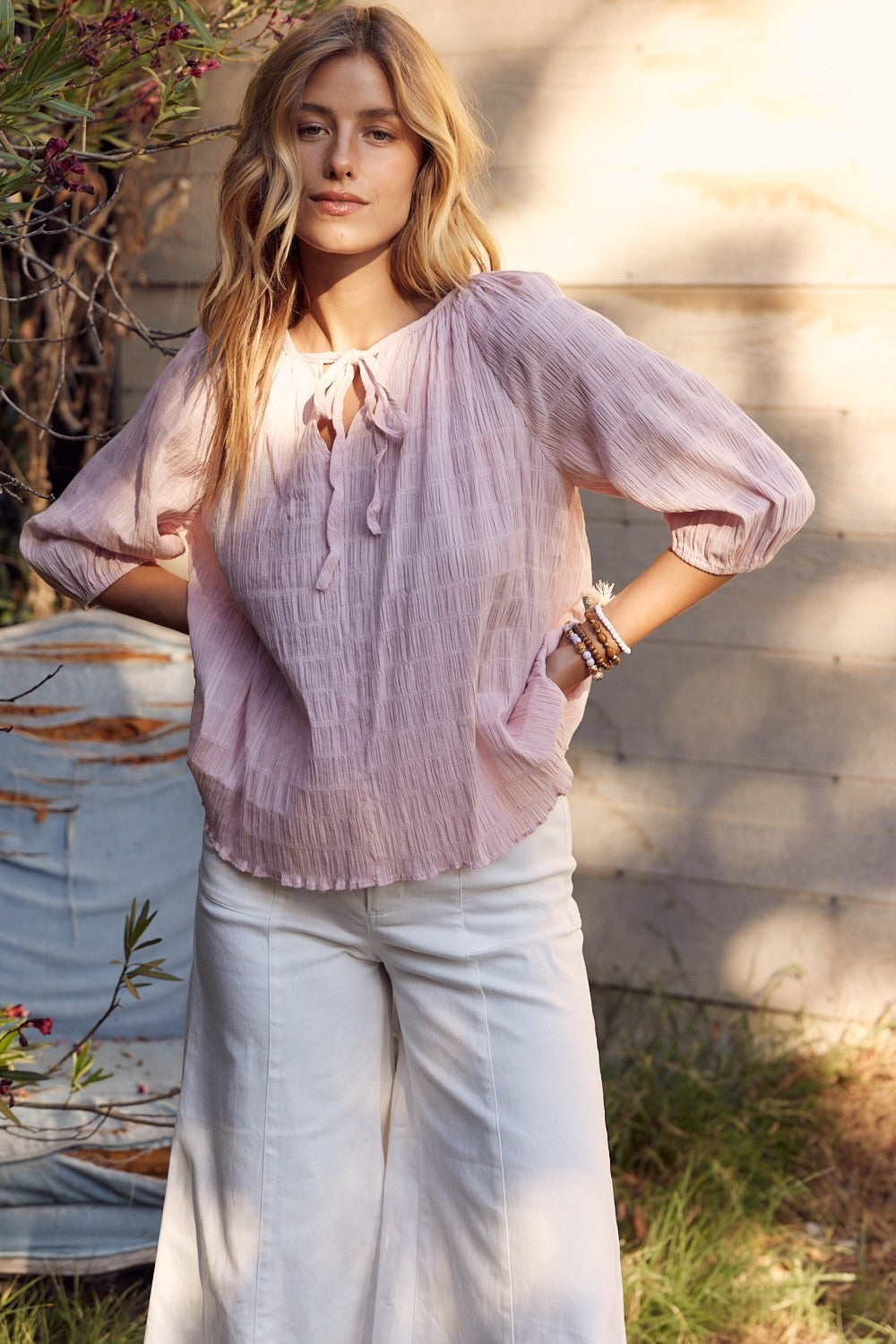 In February Textured Tie Neck Blouse-Street 360-Dusty Pink-S-Urbanheer