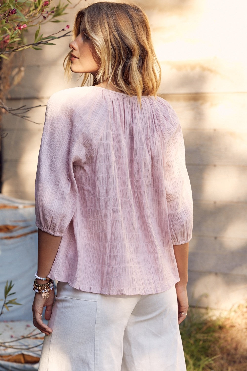 In February Textured Tie Neck Blouse-Street 360-Dusty Pink-S-Urbanheer