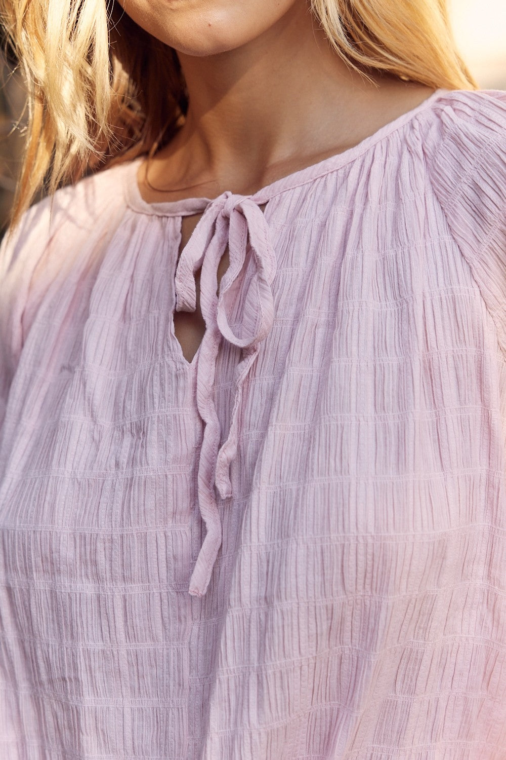 In February Textured Tie Neck Blouse-Street 360-Dusty Pink-S-Urbanheer