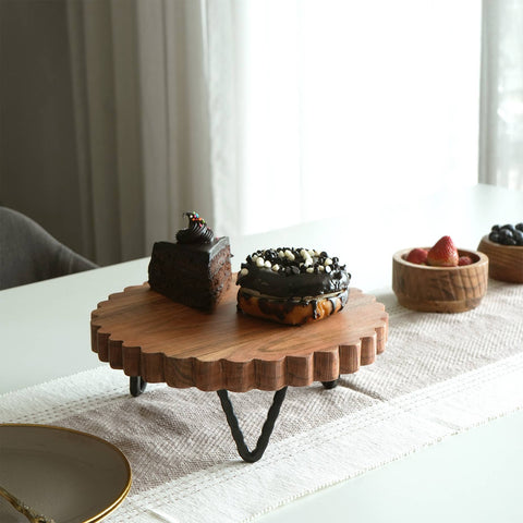 India Handicrafts Inc - 9"Wood Cake Stand with Scalloped Edges