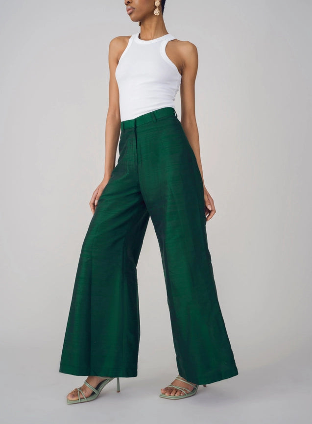 Isa Raw Silk Trousers-Trousers-Haveli-M-Green-Urbanheer