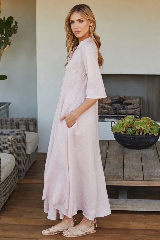 Italian Linen 3/4 Sleeve Maxi Dress-Dress-MILIO MILANO-S-BLUSH-Urbanheer