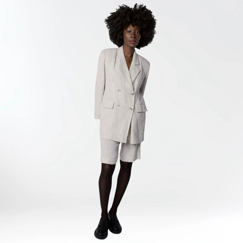 Ivory Pin Stripe Linen Double Breasted Blazer and Culottes Suit-Suit-London Atelier Byproduct-S-Ivory-Urbanheer