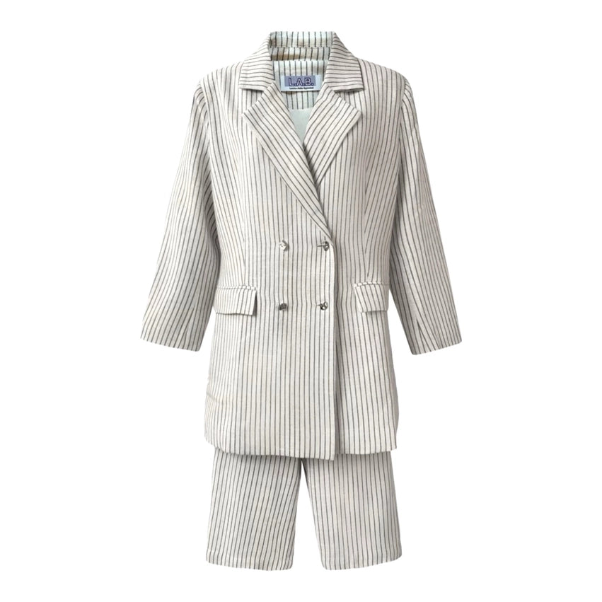 Ivory Pin Stripe Linen Double Breasted Blazer and Culottes Suit-Suit-London Atelier Byproduct-S-Ivory-Urbanheer