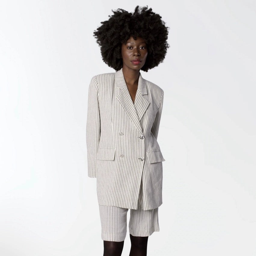 Ivory Pin Stripe Linen Double Breasted Blazer and Culottes Suit-Suit-London Atelier Byproduct-S-Ivory-Urbanheer