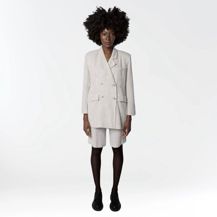 Ivory Pin Stripe Linen Double Breasted Blazer and Culottes Suit-Suit-London Atelier Byproduct-S-Ivory-Urbanheer