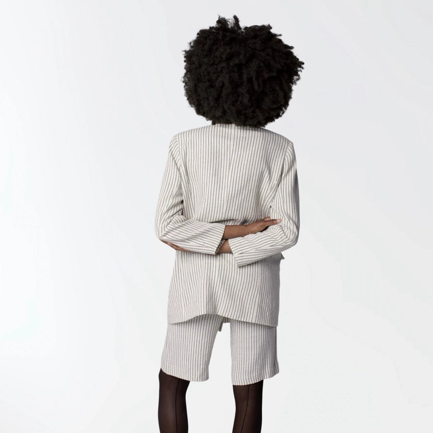 Ivory Pin Stripe Linen Double Breasted Blazer and Culottes Suit-Suit-London Atelier Byproduct-S-Ivory-Urbanheer