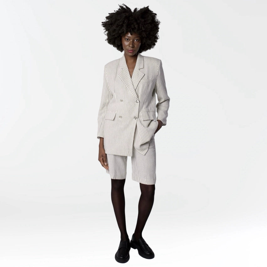 Ivory Pin Stripe Linen Double Breasted Blazer and Culottes Suit-Suit-London Atelier Byproduct-S-Ivory-Urbanheer