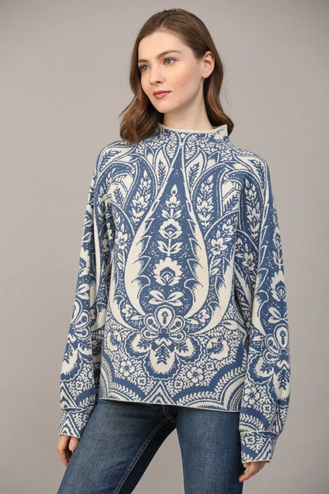 Jacquard Knit Mock Neck Sweater-Sweater-FATE-S-CREAM BLUE-Urbanheer