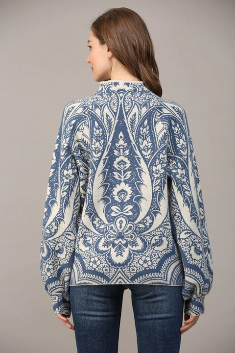 Jacquard Knit Mock Neck Sweater-Sweater-FATE-S-CREAM BLUE-Urbanheer