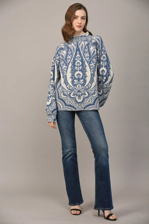 Jacquard Knit Mock Neck Sweater-Sweater-FATE-S-CREAM BLUE-Urbanheer
