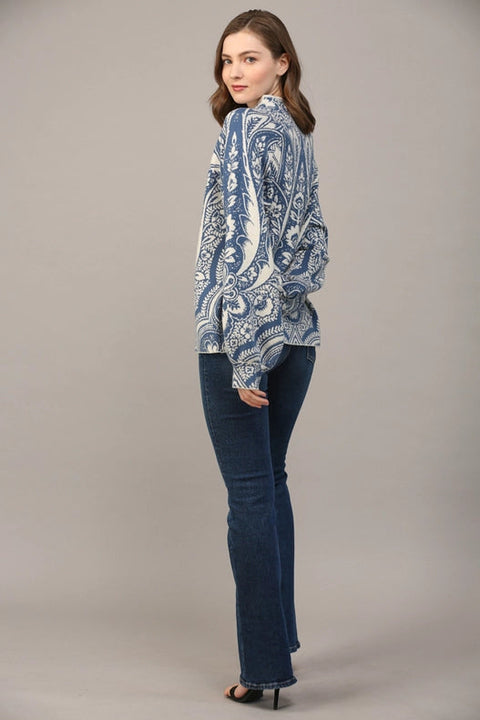 Jacquard Knit Mock Neck Sweater-Sweater-FATE-S-CREAM BLUE-Urbanheer