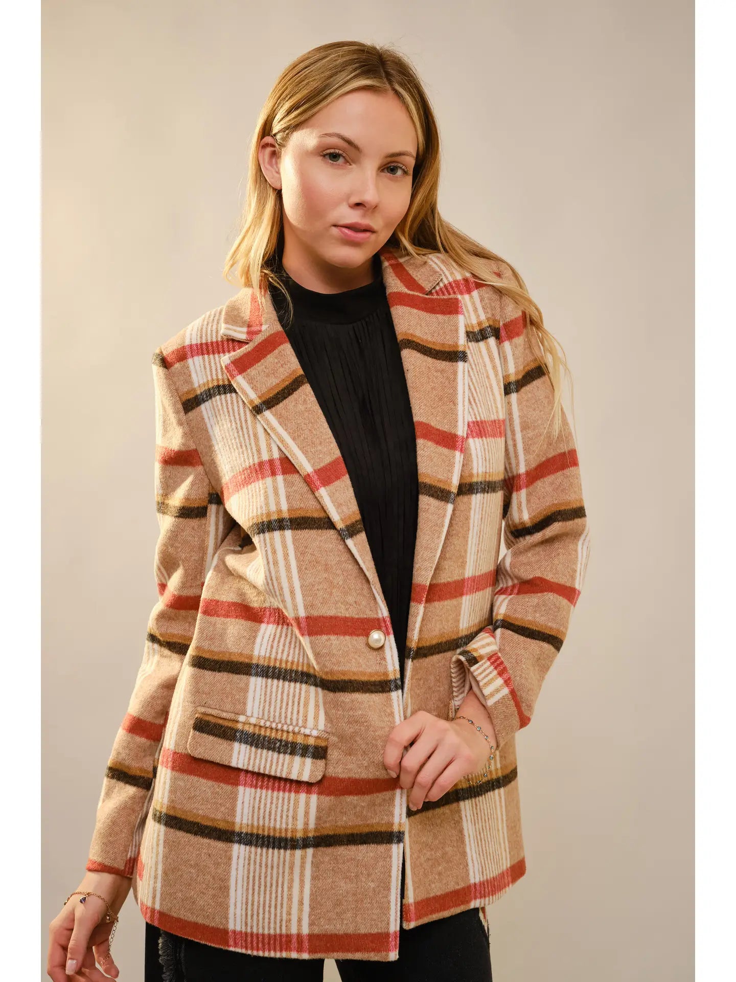 Jewel Button At Front Plaid Blazer
