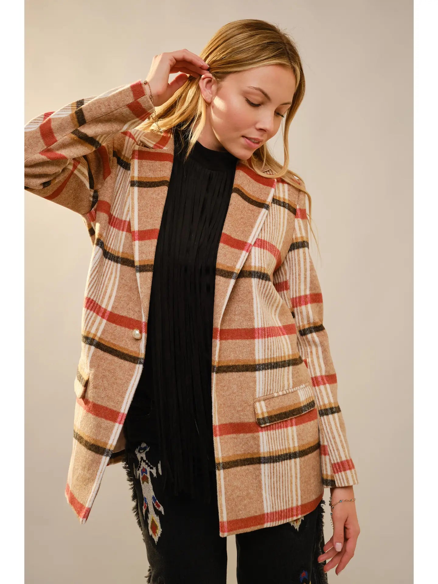 Jewel Button At Front Plaid Blazer