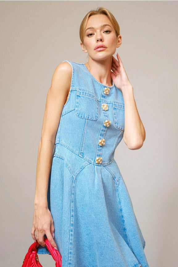 Jeweled Button Denim Flare Dress Medium Jeweled Button Denim Flare Dress Medium