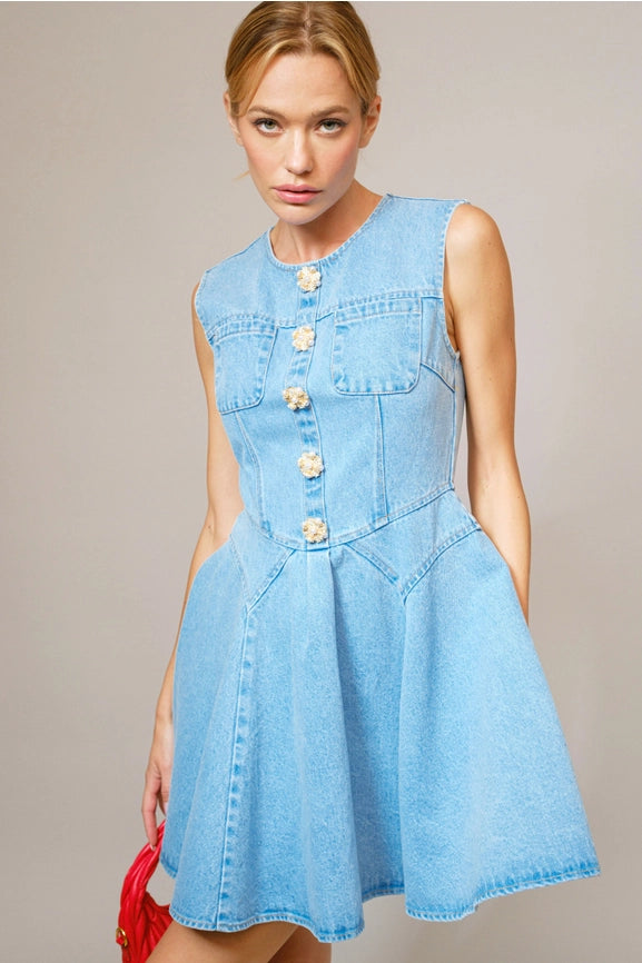 Jeweled Button Denim Flare Dress Medium Jeweled Button Denim Flare Dress Medium