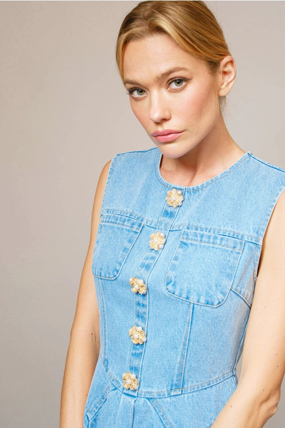 Jeweled Button Denim Flare Dress Medium Jeweled Button Denim Flare Dress Medium