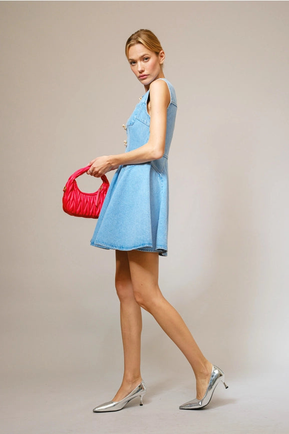 Jeweled Button Denim Flare Dress Medium Jeweled Button Denim Flare Dress Medium