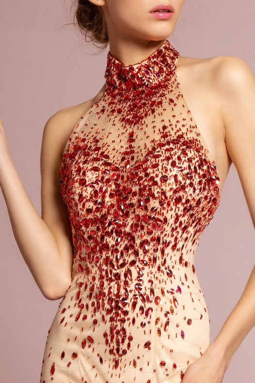Jeweled High Neck Open Back Dress-Dress-Tux-USA®-XS-Red/Nude-Urbanheer