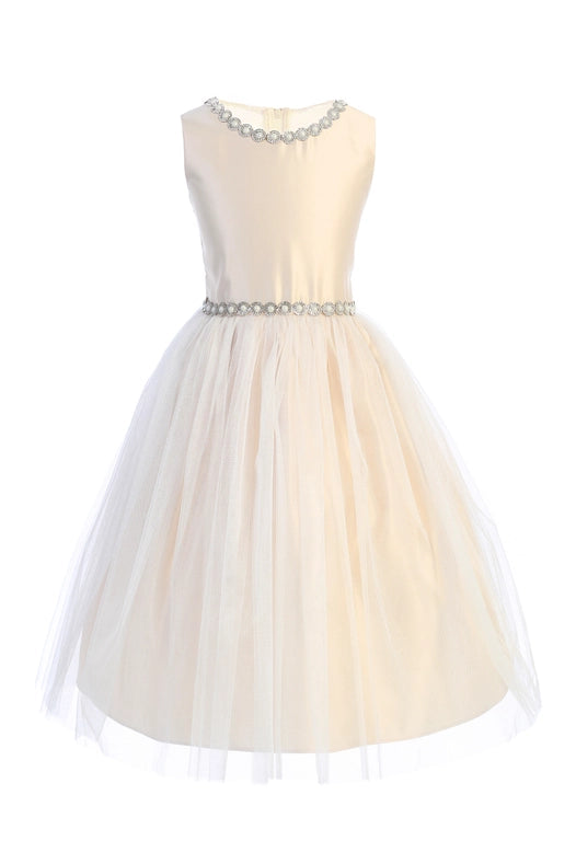 Jeweled Neckline Satin and Crystal Tulle-Dress-Sweet Kids, Inc.-2-Champagne-Urbanheer