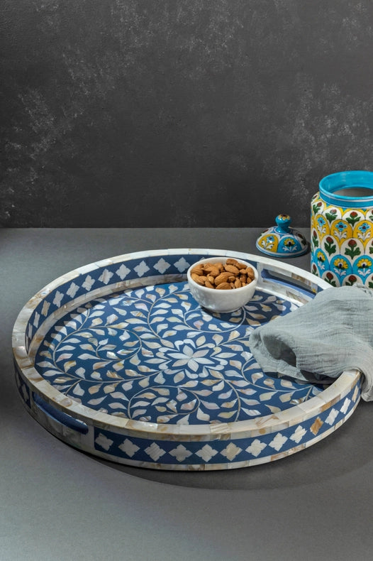 Jodhpur Mother of Pearl Tray - Blue, 18"-Tray-GAURI KOHLI-18.0" x 18.0" inches-Urbanheer
