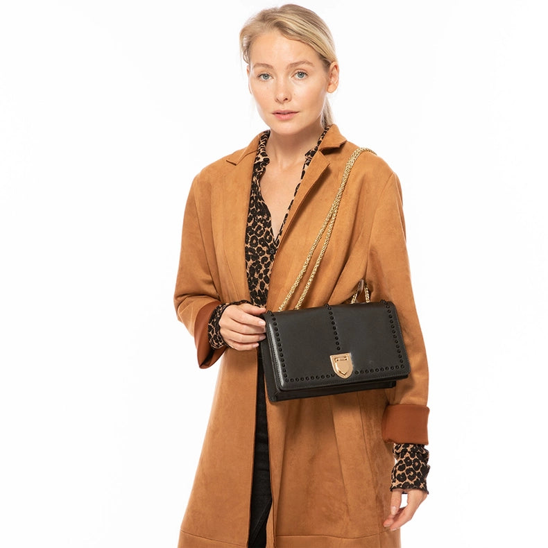 Josie Black Leather Chain Bag-Bag-SUSU-WIDTH: 9.5" HEIGHT: 5.5″ DEPTH: 2.8″-Urbanheer