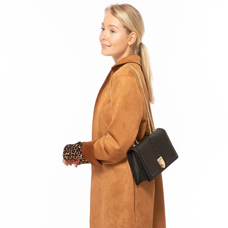 Josie Black Leather Chain Bag-Bag-SUSU-WIDTH: 9.5" HEIGHT: 5.5″ DEPTH: 2.8″-Urbanheer