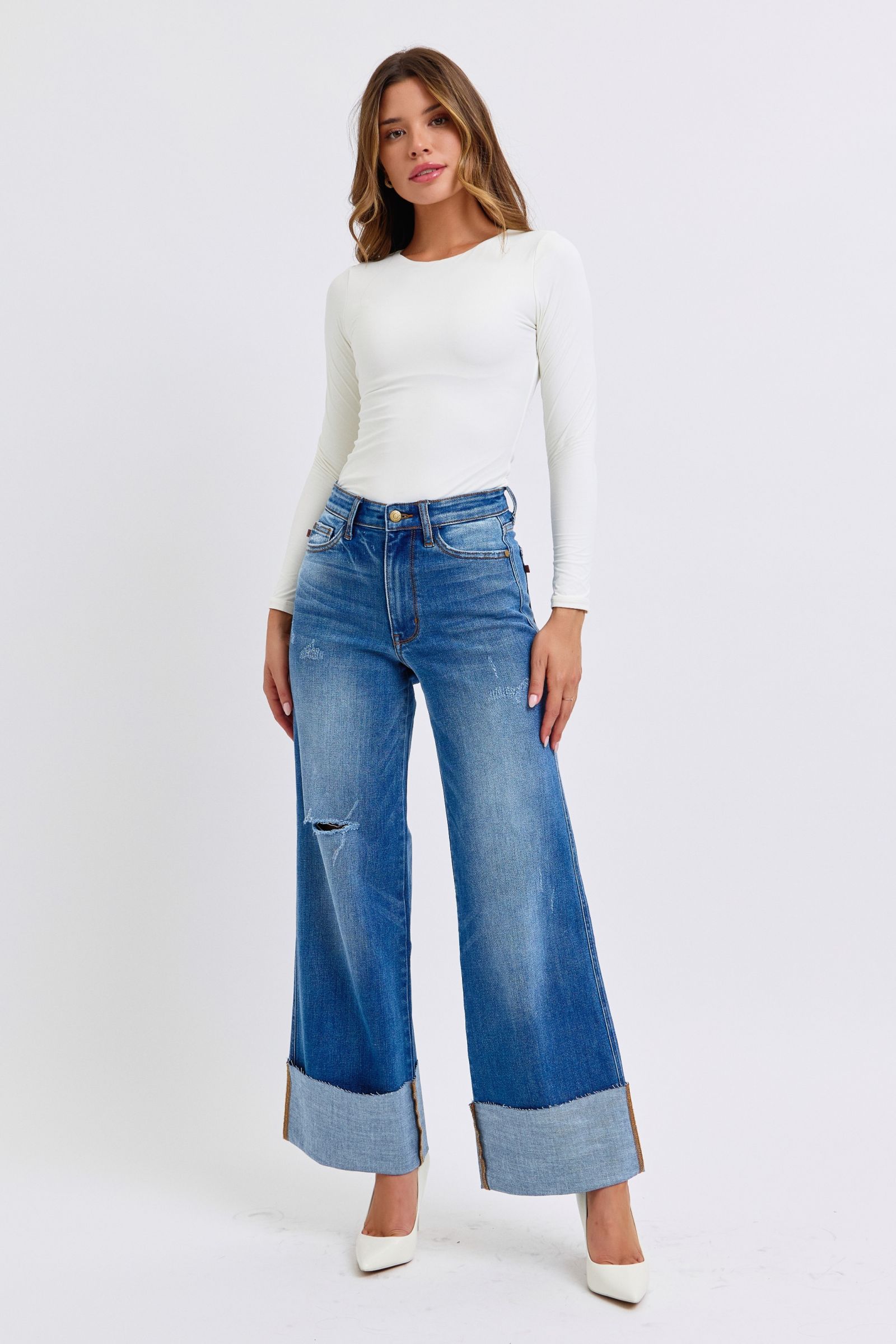 Judy Blue Full Size Distressed High Waist Wide Leg Jeans-Street 360-Medium-0(24)-Urbanheer