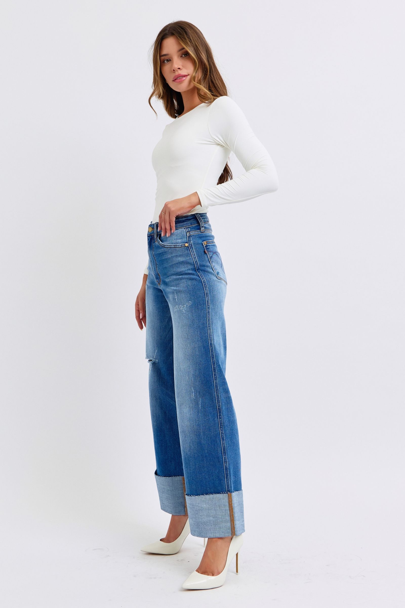 Judy Blue Full Size Distressed High Waist Wide Leg Jeans-Street 360-Medium-0(24)-Urbanheer