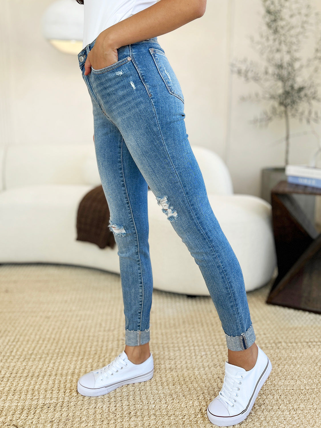Judy Blue Full Size Mid Rise Destroy & Cuff Skinny Jeans-Street 360-Medium-0/24-Urbanheer