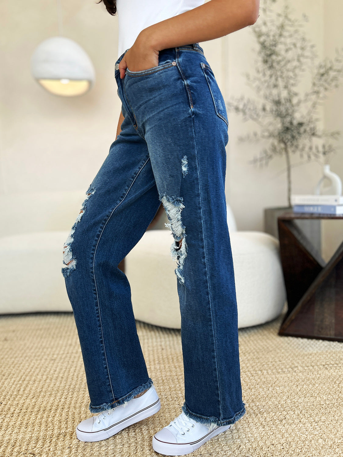 Judy Blue Full Size Mid Rise Distressed Raw Hem Jeans-Street 360-Medium-3/26-Urbanheer