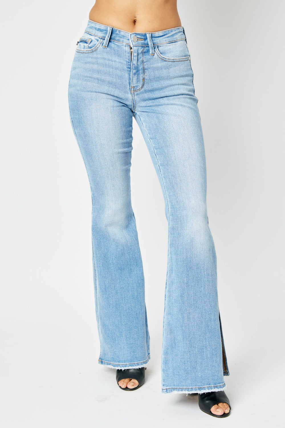 Judy Blue Full Size Mid Rise Raw Hem Slit Flare Jeans-Street 360-Medium-1(25)-Urbanheer