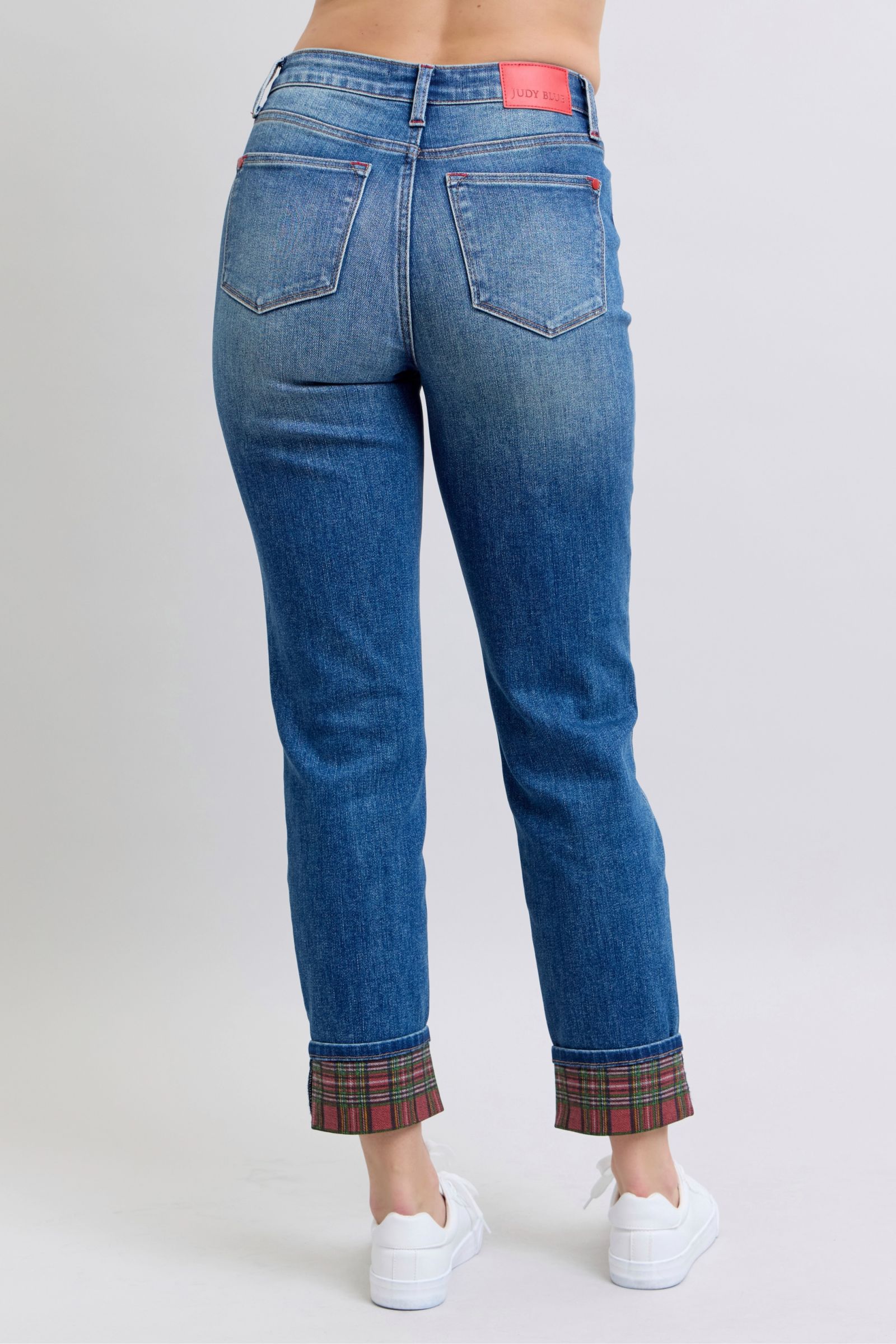 Judy Blue Full Size Plaid Print Cuff Straight Leg Jeans with Pockets-Street 360-Medium-0(24)-Urbanheer