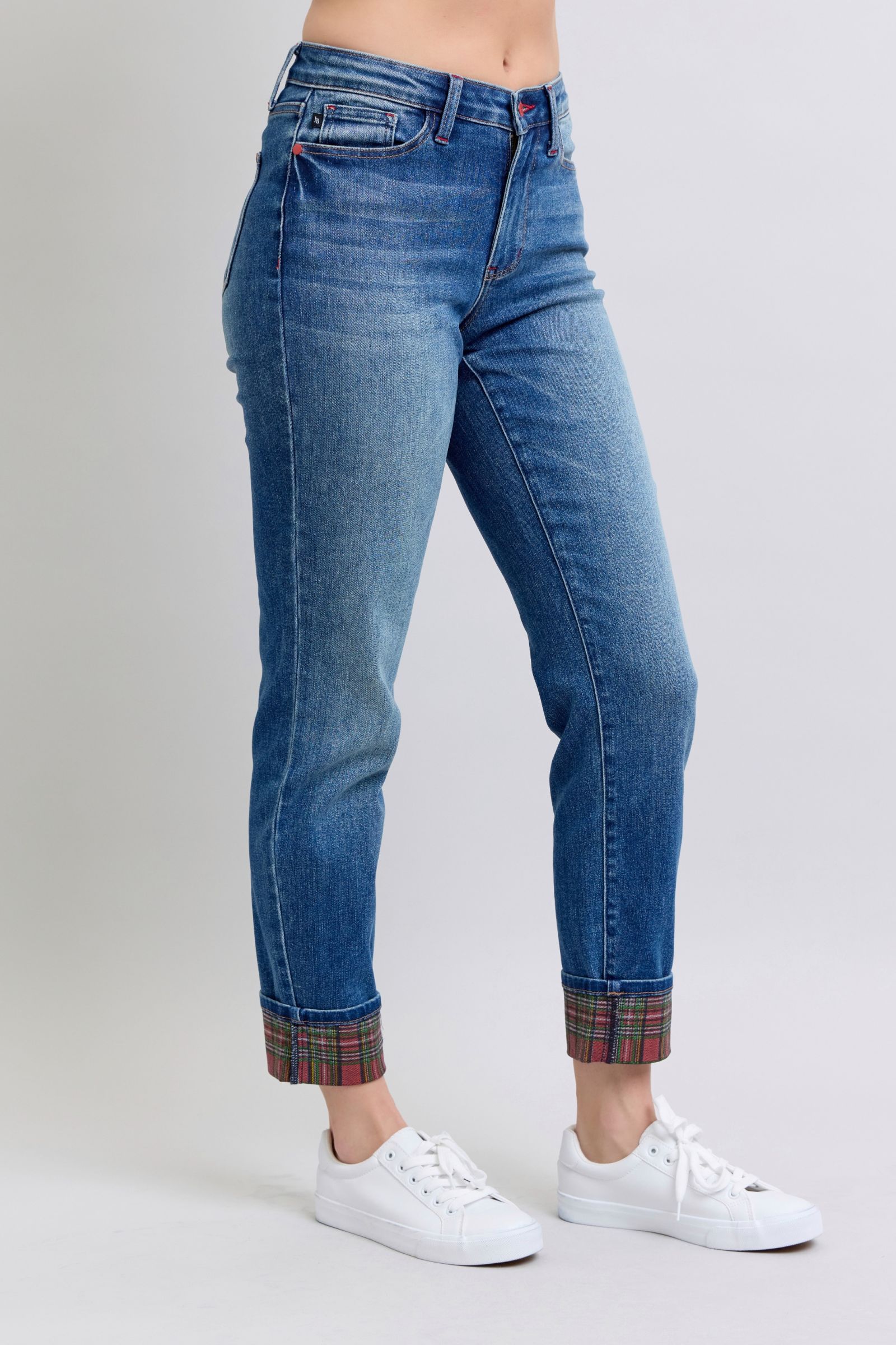 Judy Blue Full Size Plaid Print Cuff Straight Leg Jeans with Pockets-Street 360-Medium-0(24)-Urbanheer
