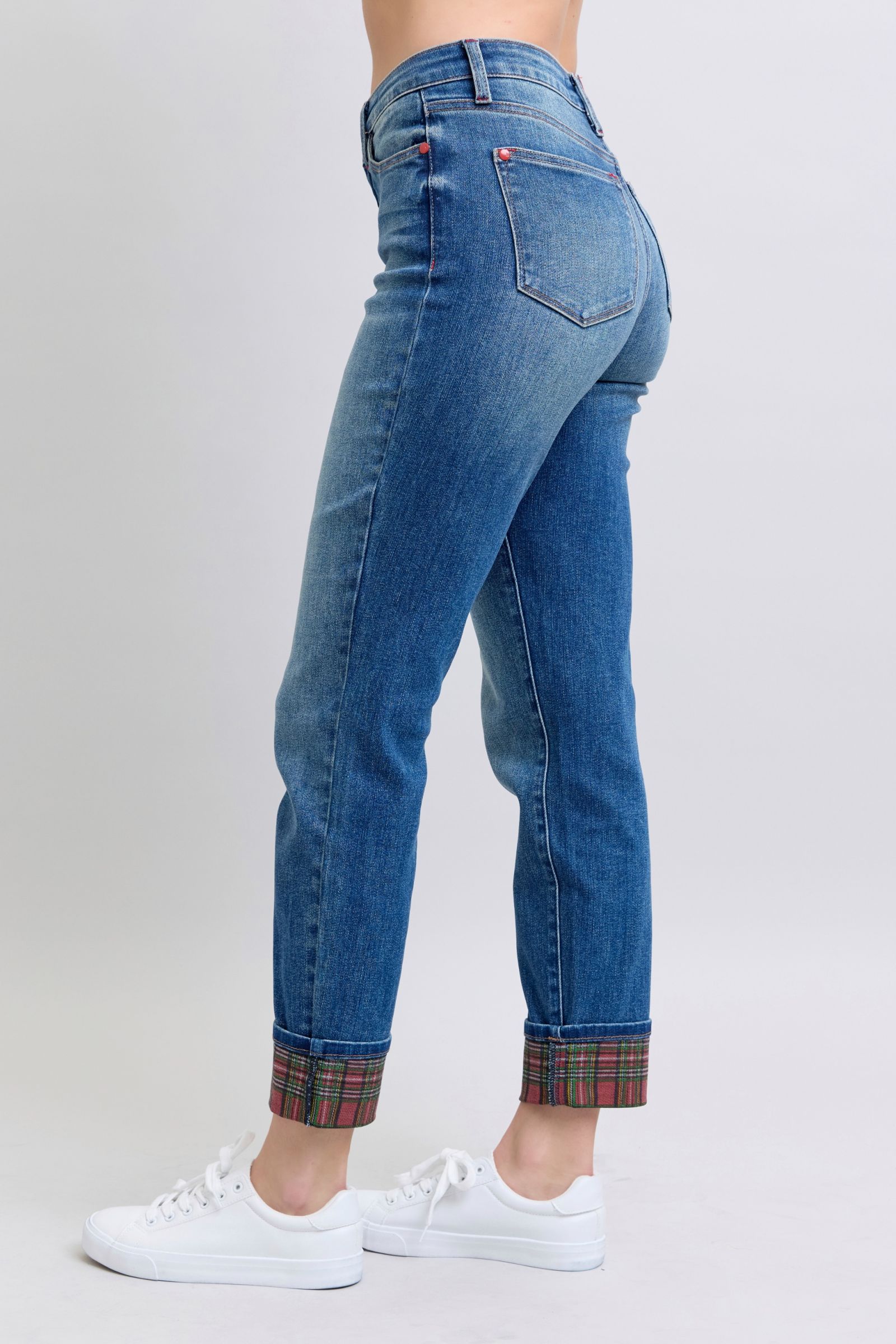 Judy Blue Full Size Plaid Print Cuff Straight Leg Jeans with Pockets-Street 360-Medium-0(24)-Urbanheer