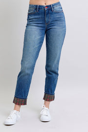 Judy Blue Full Size Plaid Print Cuff Straight Leg Jeans with Pockets-Street 360-Medium-0(24)-Urbanheer