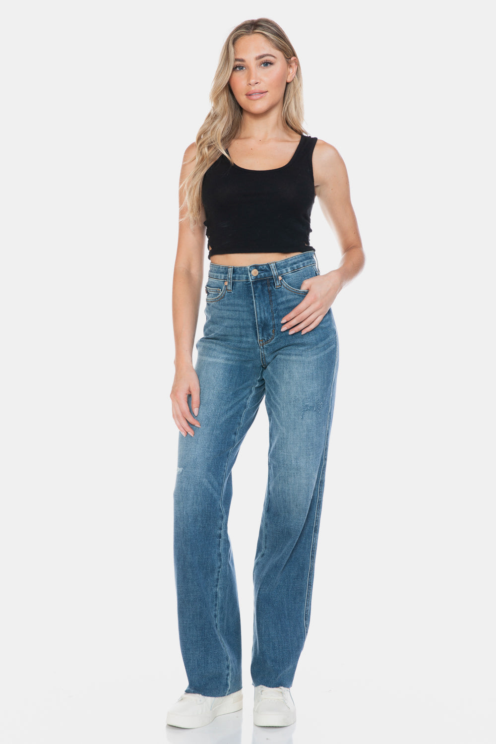 Judy Blue Full Size Tummy Control Cut Raw Hem Straight Jeans-Street 360-Medium-0/24-Urbanheer