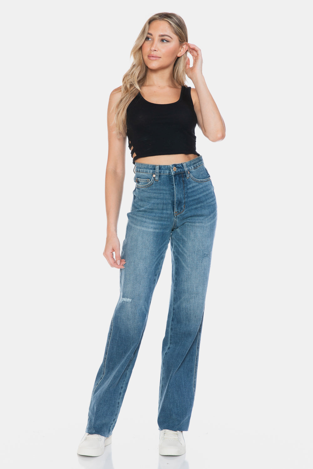 Judy Blue Full Size Tummy Control Cut Raw Hem Straight Jeans-Street 360-Medium-0/24-Urbanheer