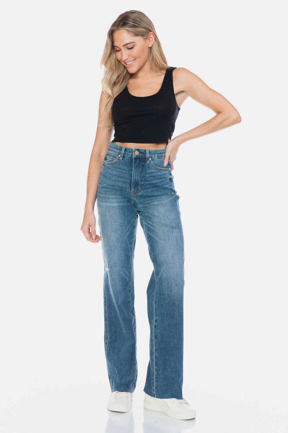 Judy Blue Full Size Tummy Control Cut Raw Hem Straight Jeans-Street 360-Medium-0/24-Urbanheer
