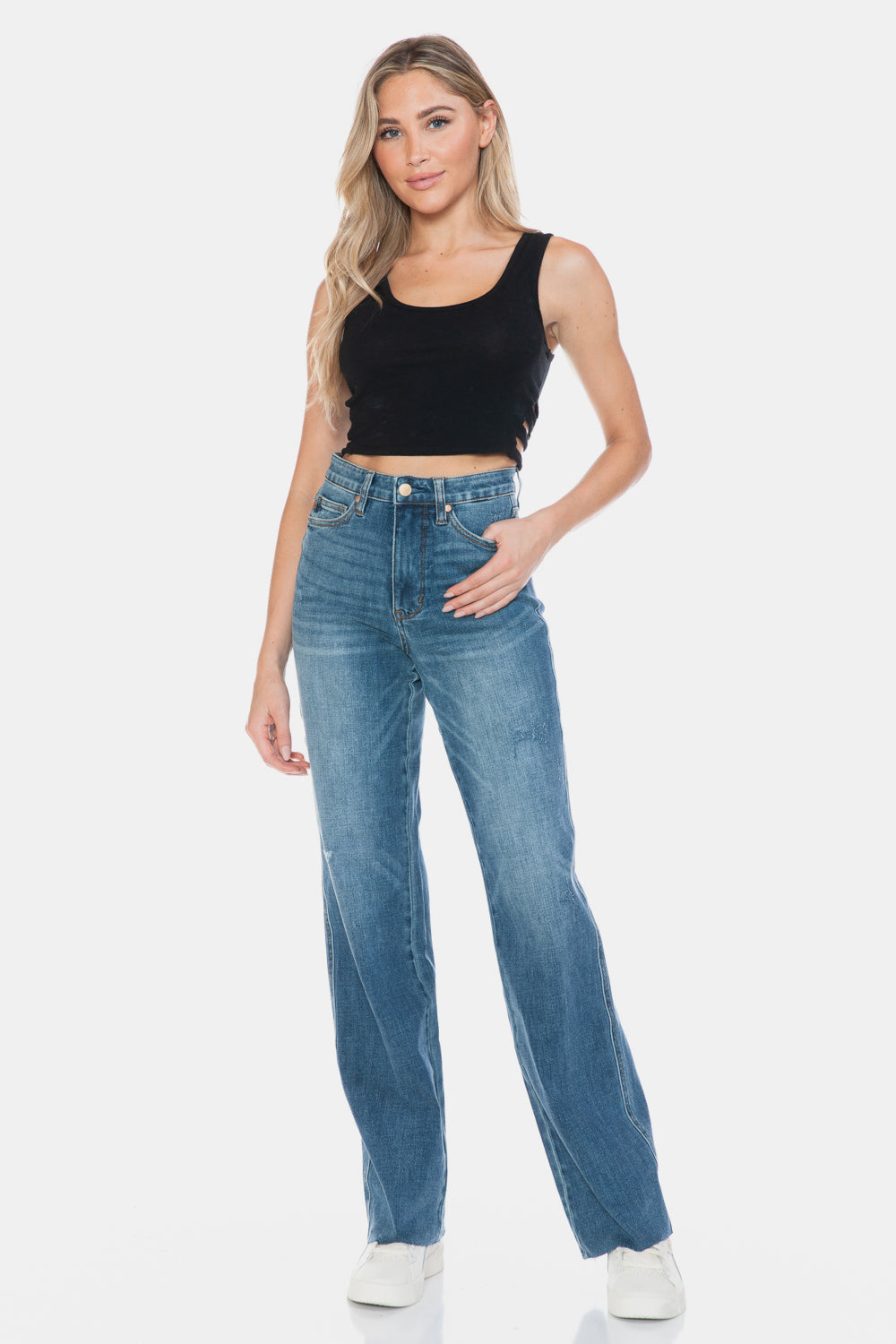 Judy Blue Full Size Tummy Control Cut Raw Hem Straight Jeans-Street 360-Medium-0/24-Urbanheer