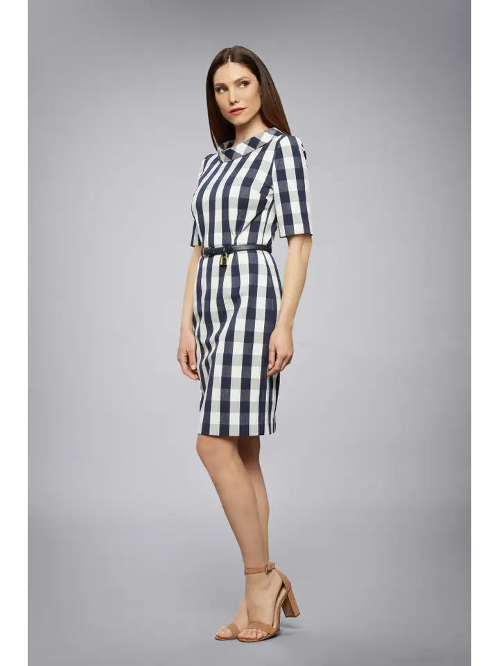 Juliette Navy Cotton Gingham Dress with Raised Collar-Dress-RUMOUR LONDON-XS-Navy-Urbanheer