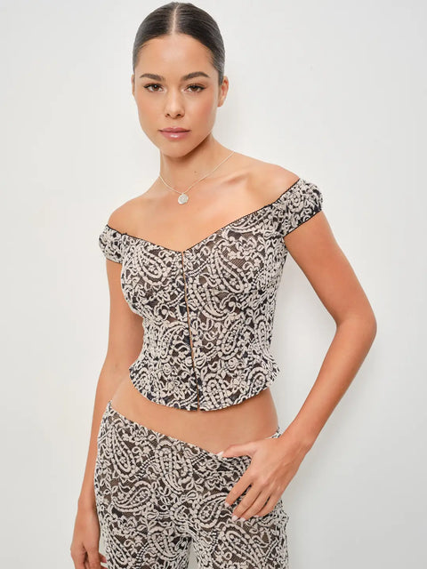 Kai Paisley Flocked Off Shoulder Top