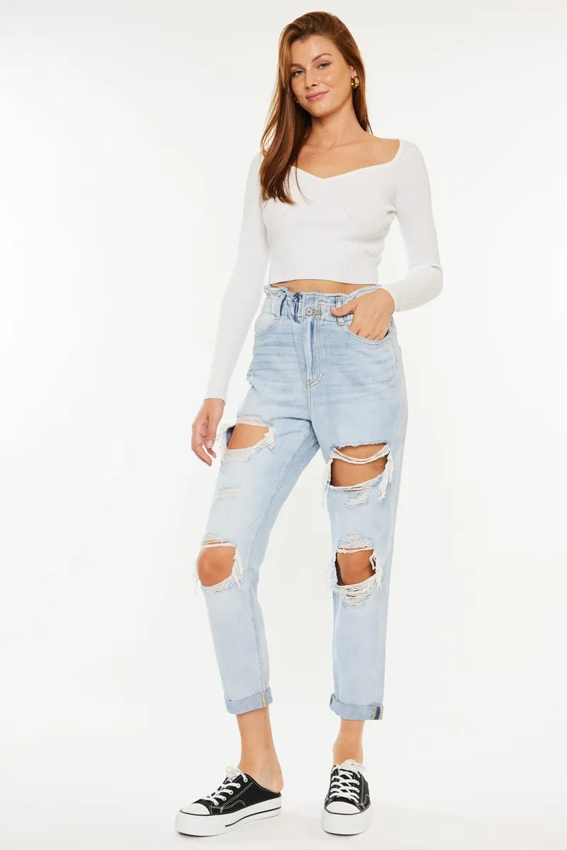 Kancan Open Pack Paperbag Mom Jeans-Trendsi-LIGHT-0/23-Urbanheer