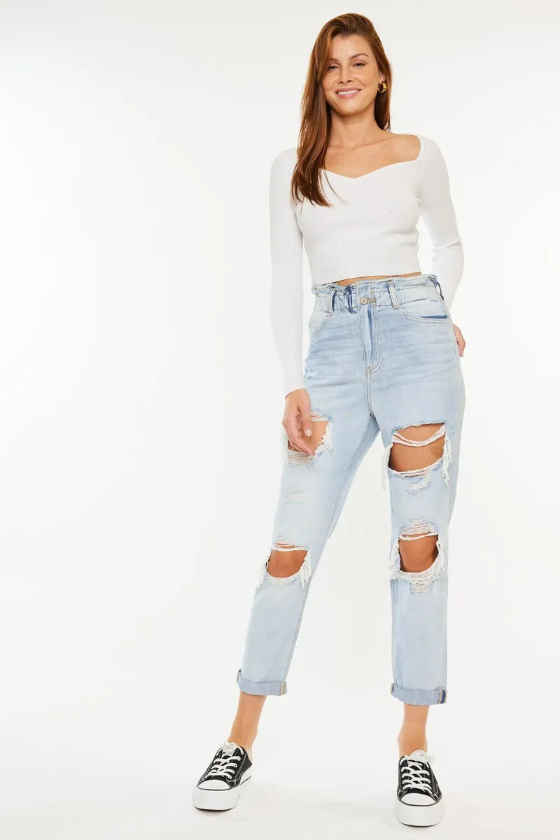 Kancan Open Pack Paperbag Mom Jeans-Trendsi-LIGHT-0/23-Urbanheer